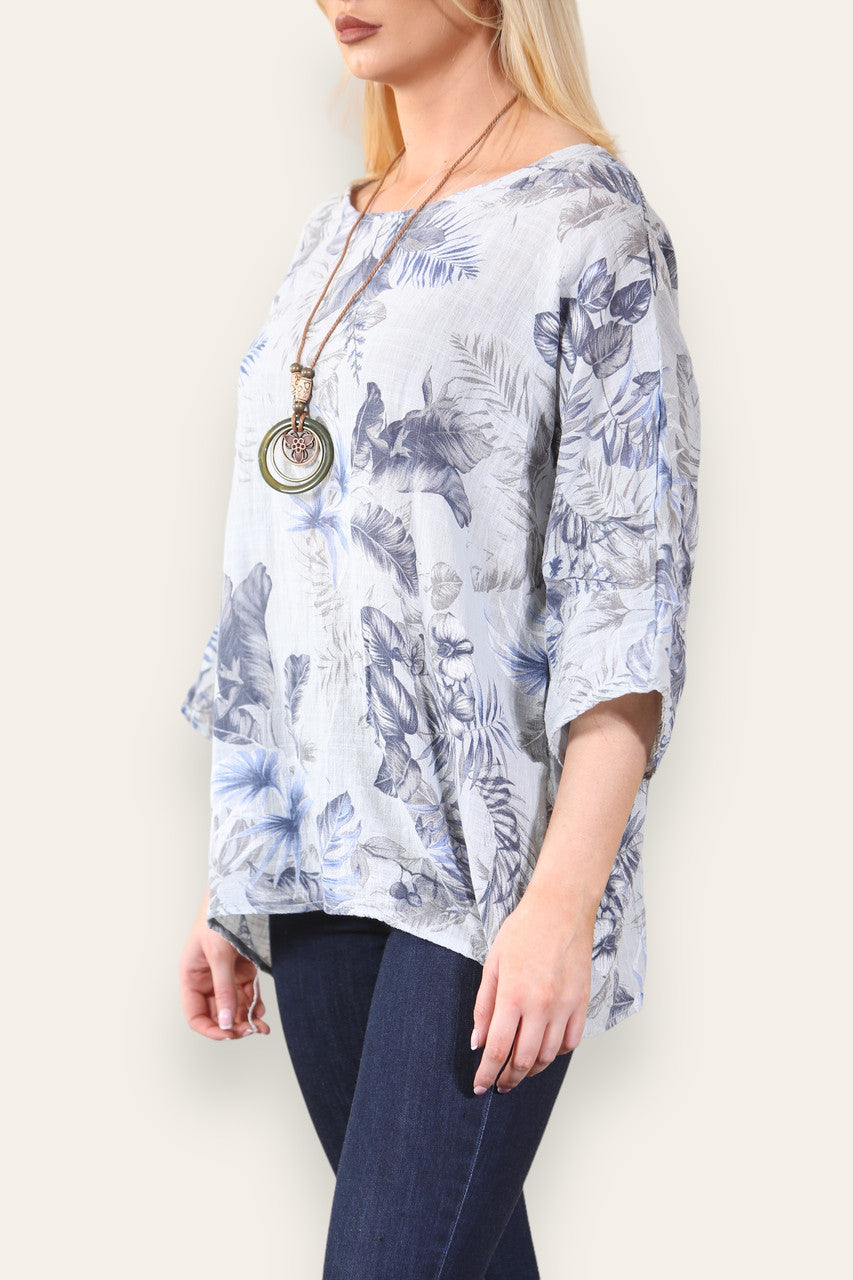 LEAF MIX PRINT TOP  - GREY
