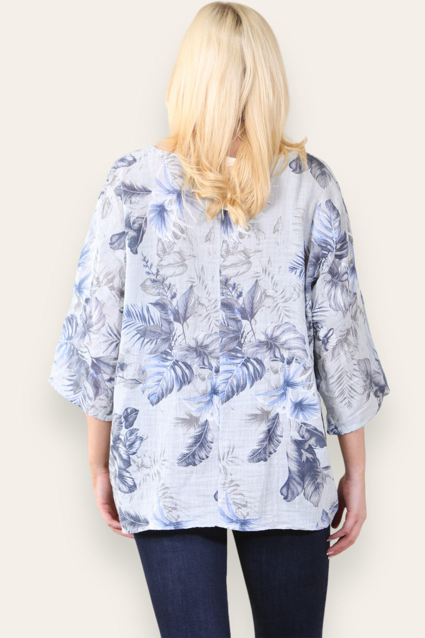 LEAF MIX PRINT TOP  - GREY