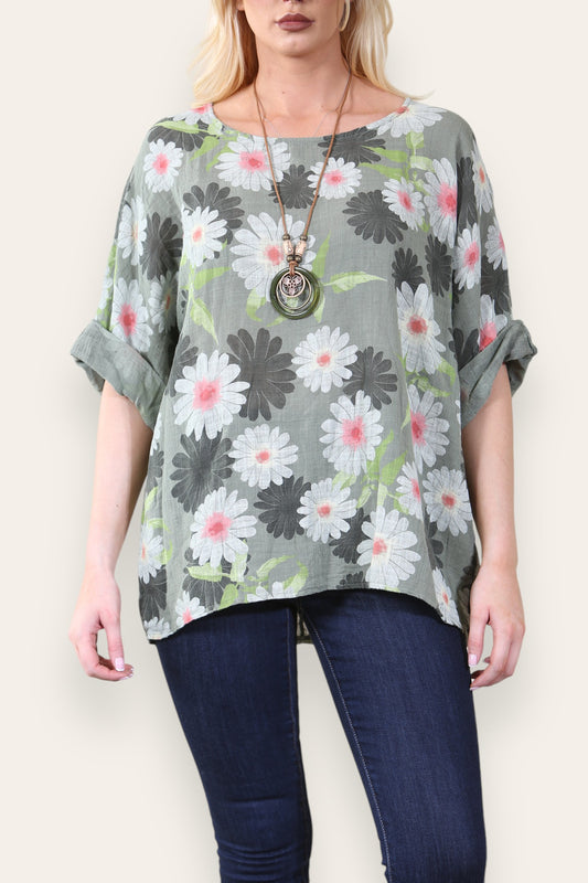 DAISY FLORAL PRINT TOP - KHAKI