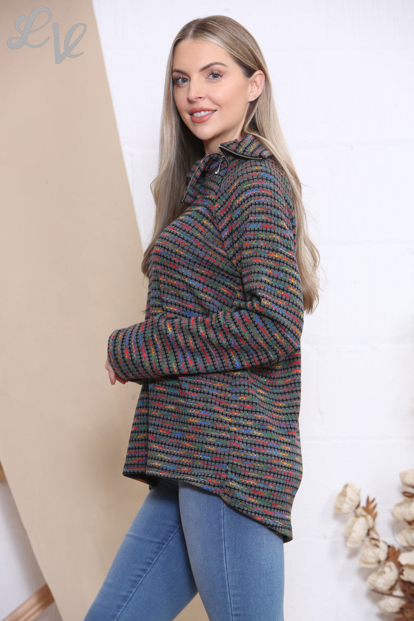 Dames Meerkleurig Ruitenprint Coltrui met Rits Houtskool