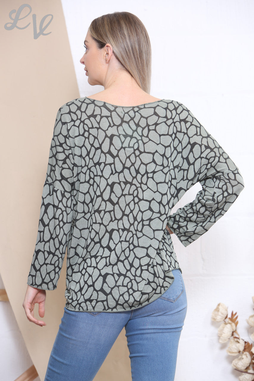 Dames Top Met Giraffenprint Kaki