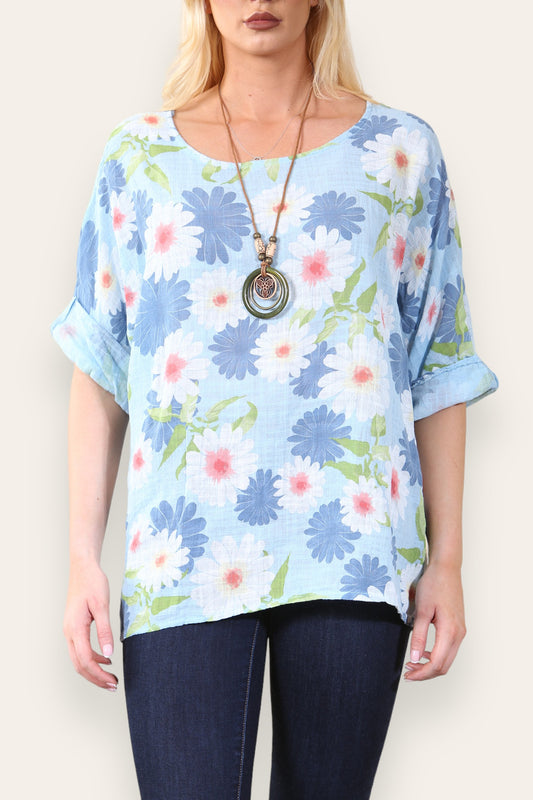 DAISY FLORAL PRINT TOP - LIGHT BLUE