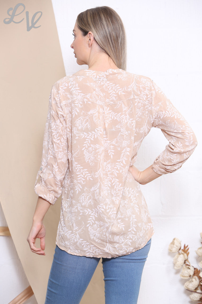 Ladies Floral Outline Print Shirt Blouse Top Beige