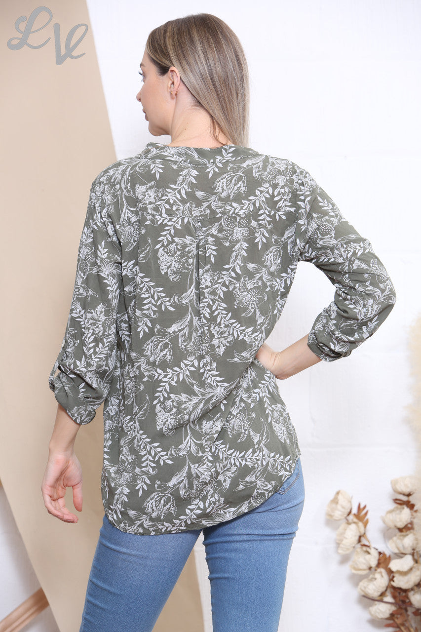 Dames Blouse Top met Gebloemde Outline Print Kaki