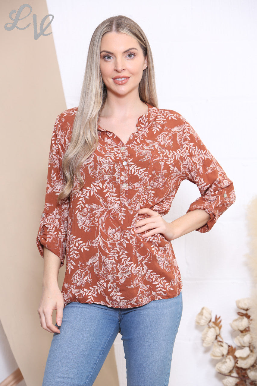 Ladies Floral Outline Print Shirt Blouse Top Rust