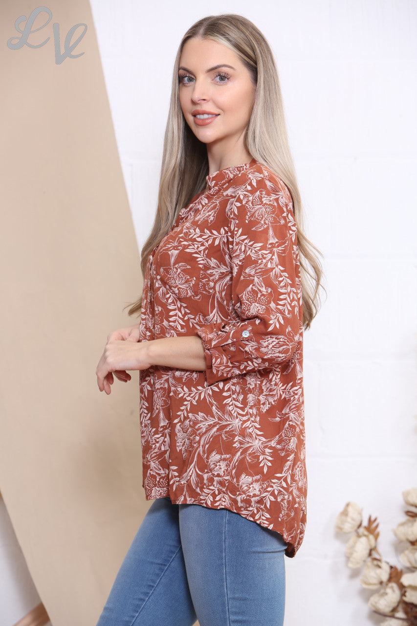 Ladies Floral Outline Print Shirt Blouse Top Rust