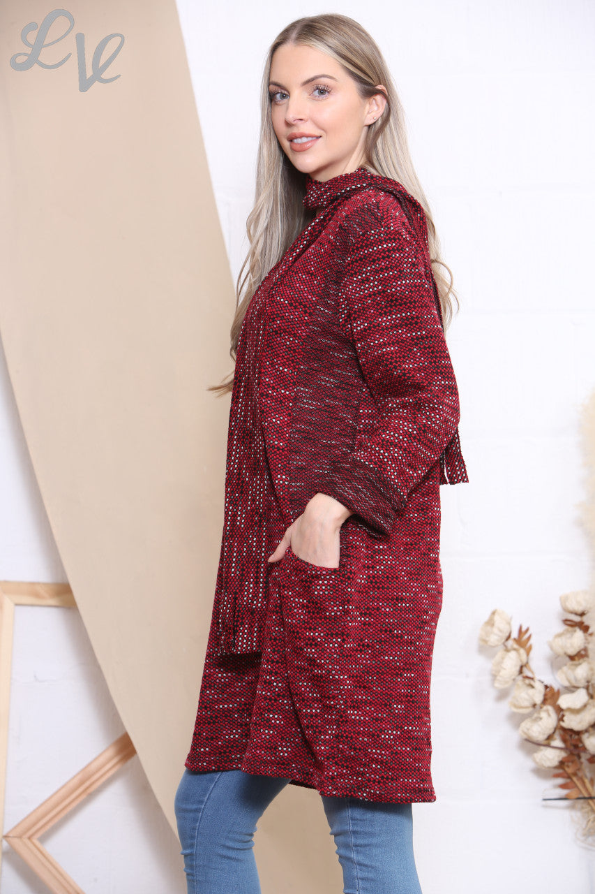 Ladies Knitted Fleck Tunic Jumper Dress With Scarf Red