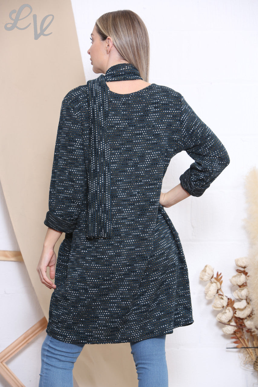 Ladies Knitted Fleck Tunic Jumper Dress With Scarf Teal