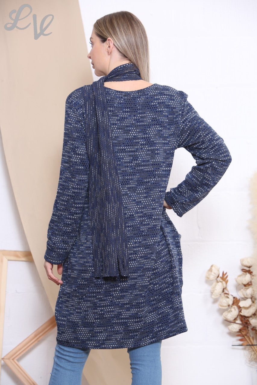 Ladies Knitted Fleck Tunic Jumper Dress With Scarf Denim
