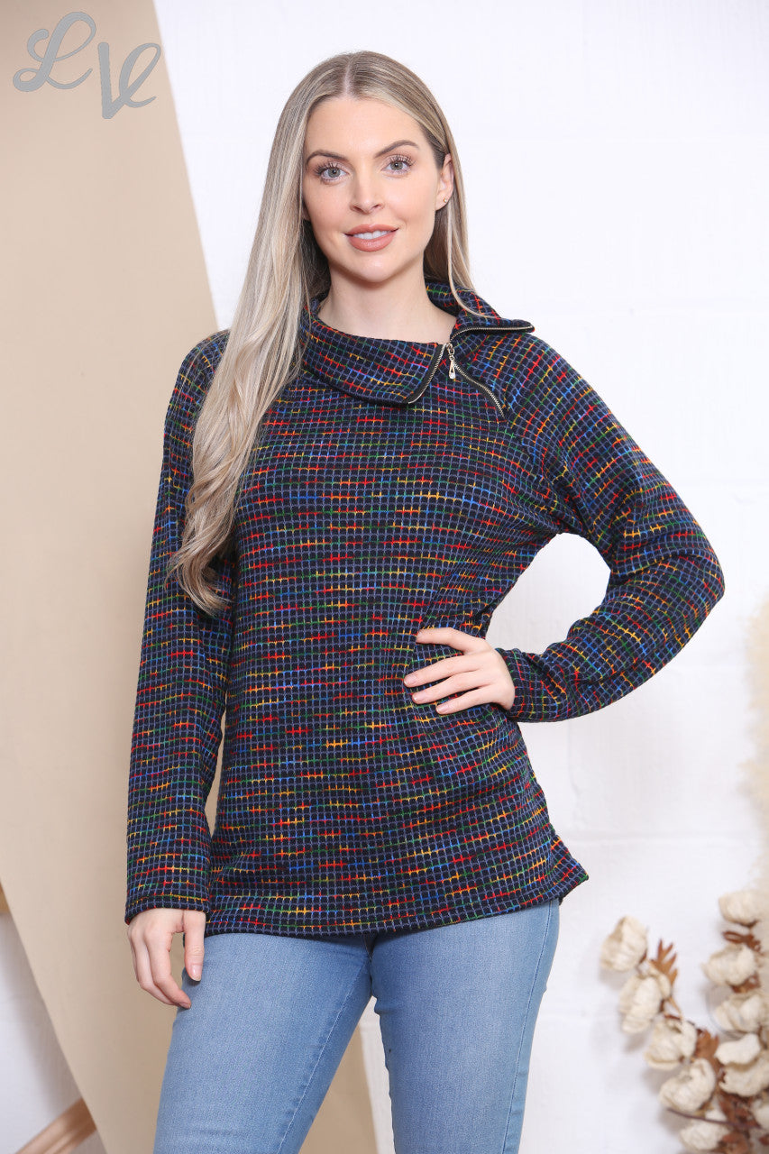 Dames trui met opstaande kraag met rits en veelkleurige ruitprint, marineblauw