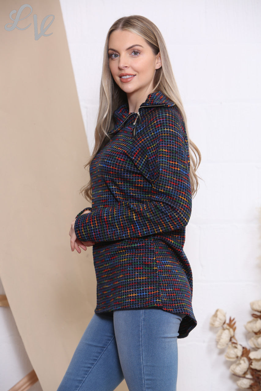 Dames trui met opstaande kraag met rits en veelkleurige ruitprint, marineblauw