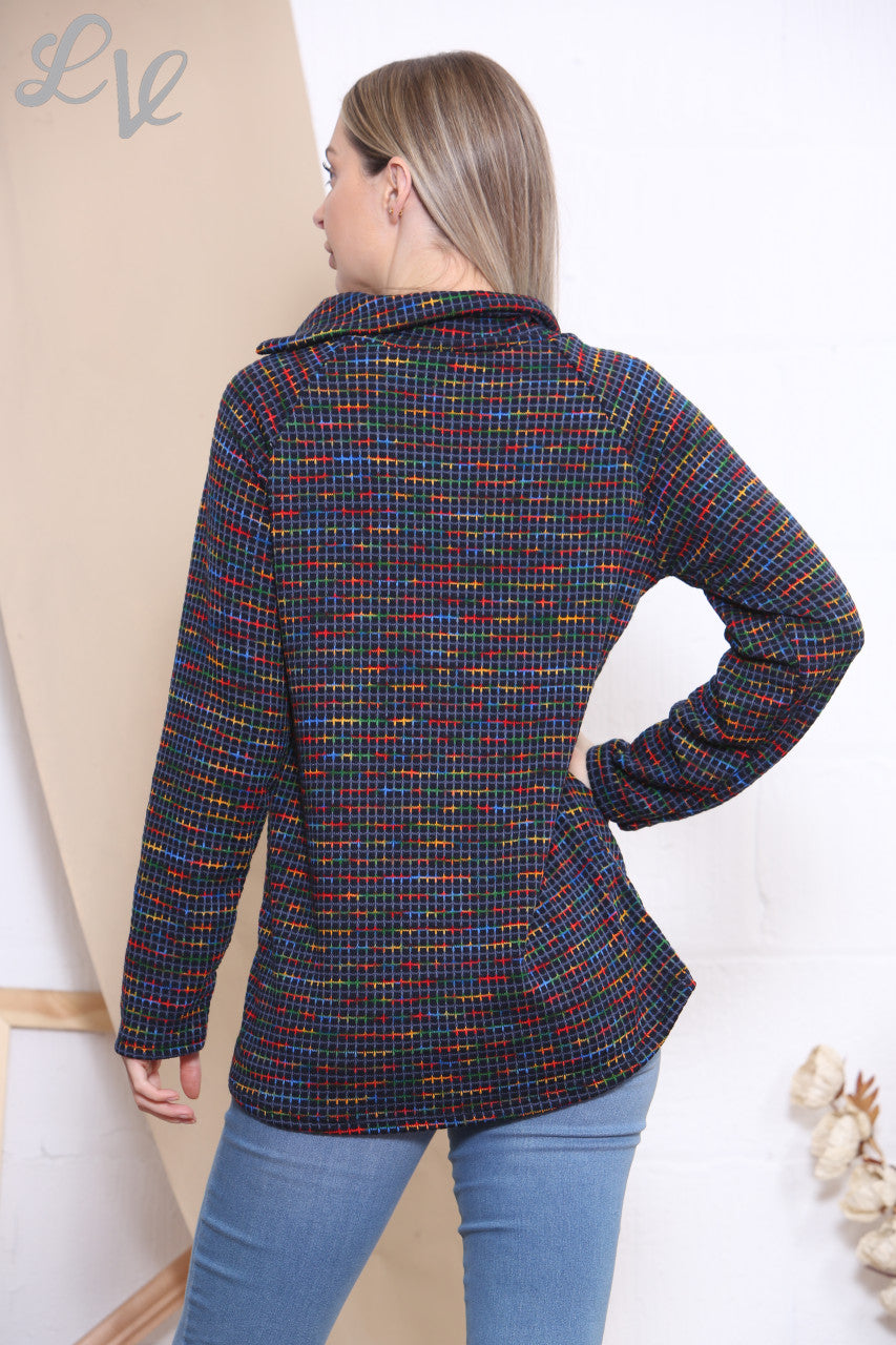 Dames trui met opstaande kraag met rits en veelkleurige ruitprint, marineblauw