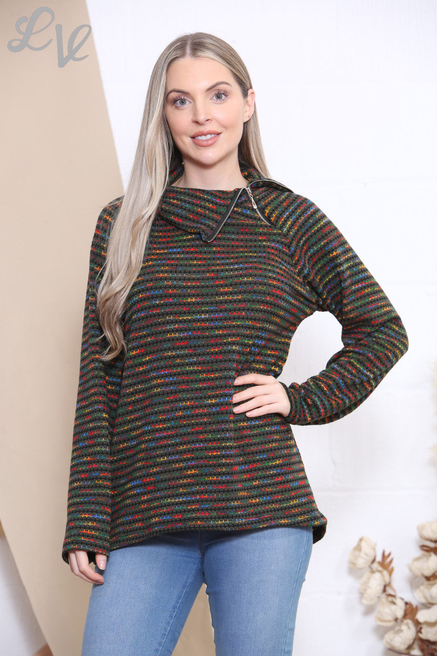Dames Meerkleurig Ruitenprint Coltrui met Rits Khaki
