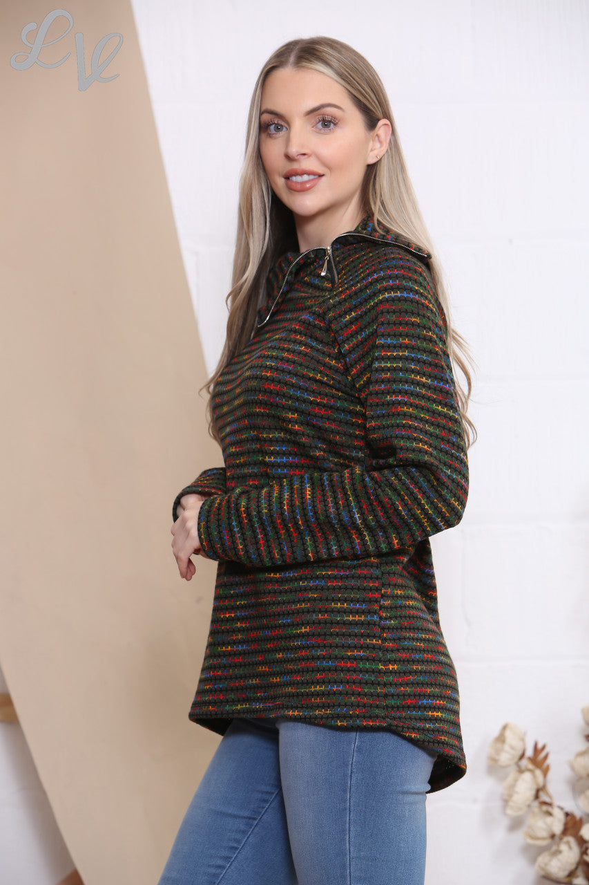 Dames Meerkleurig Ruitenprint Coltrui met Rits Khaki