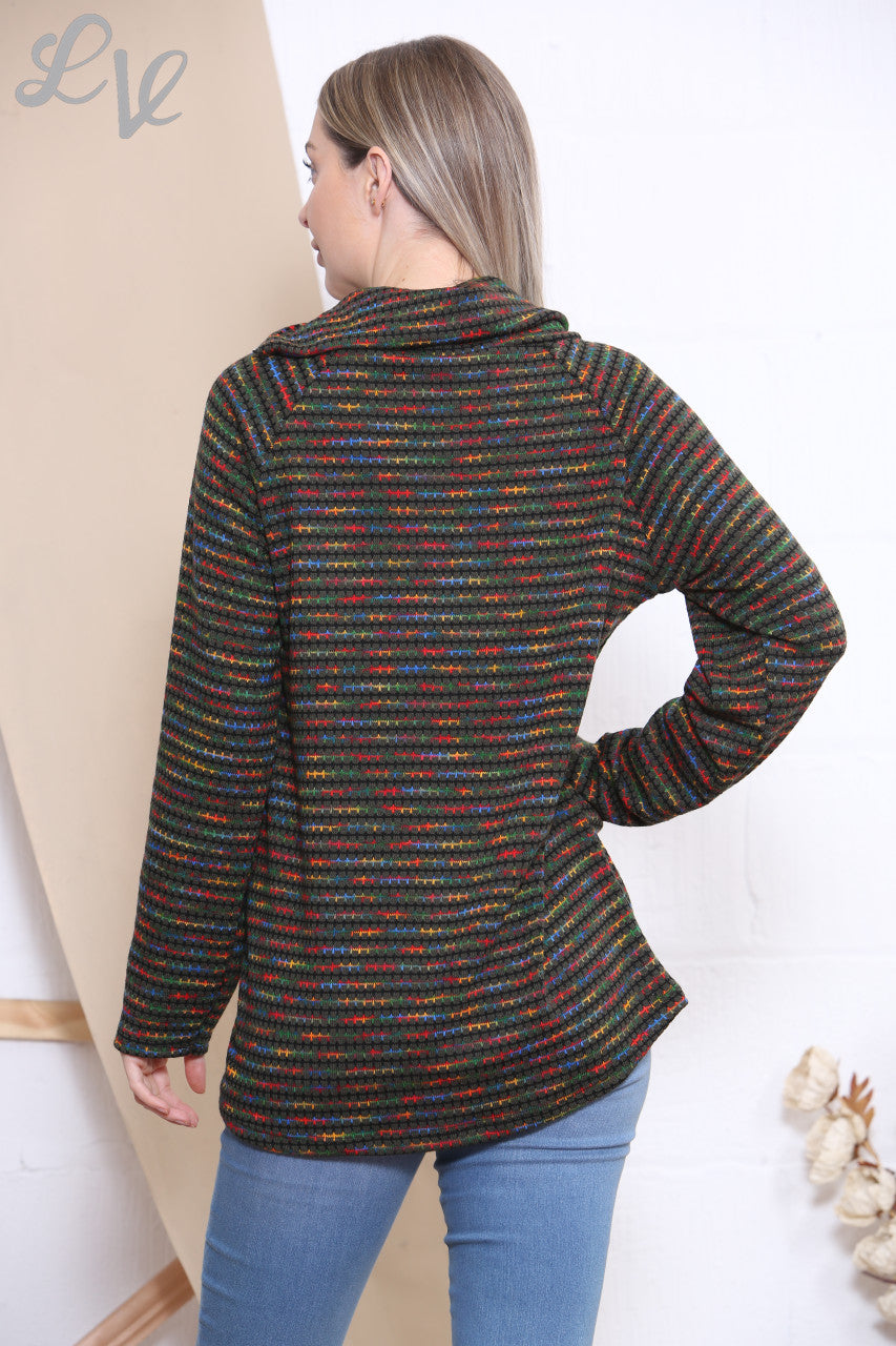 Dames Meerkleurig Ruitenprint Coltrui met Rits Khaki