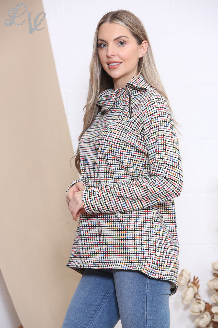 Dames Trui met Col, Rits en Meerkleurige Vierkante Print Wit