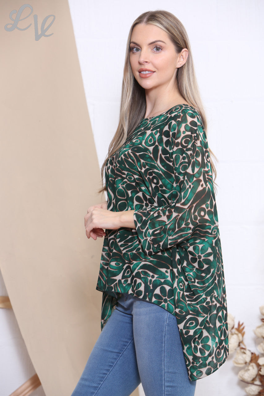 Dames Blouse met Vleermuismouwen in Gemengde Print Groen