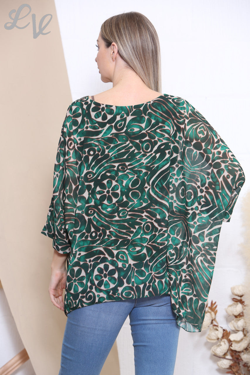 Dames Blouse met Vleermuismouwen in Gemengde Print Groen