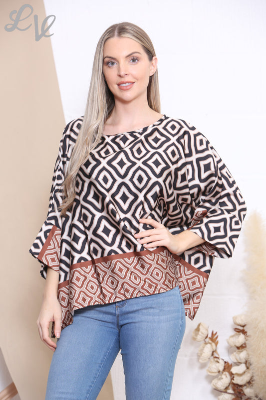 Dames Geometrische Print Batwing Blouse Top Steen
