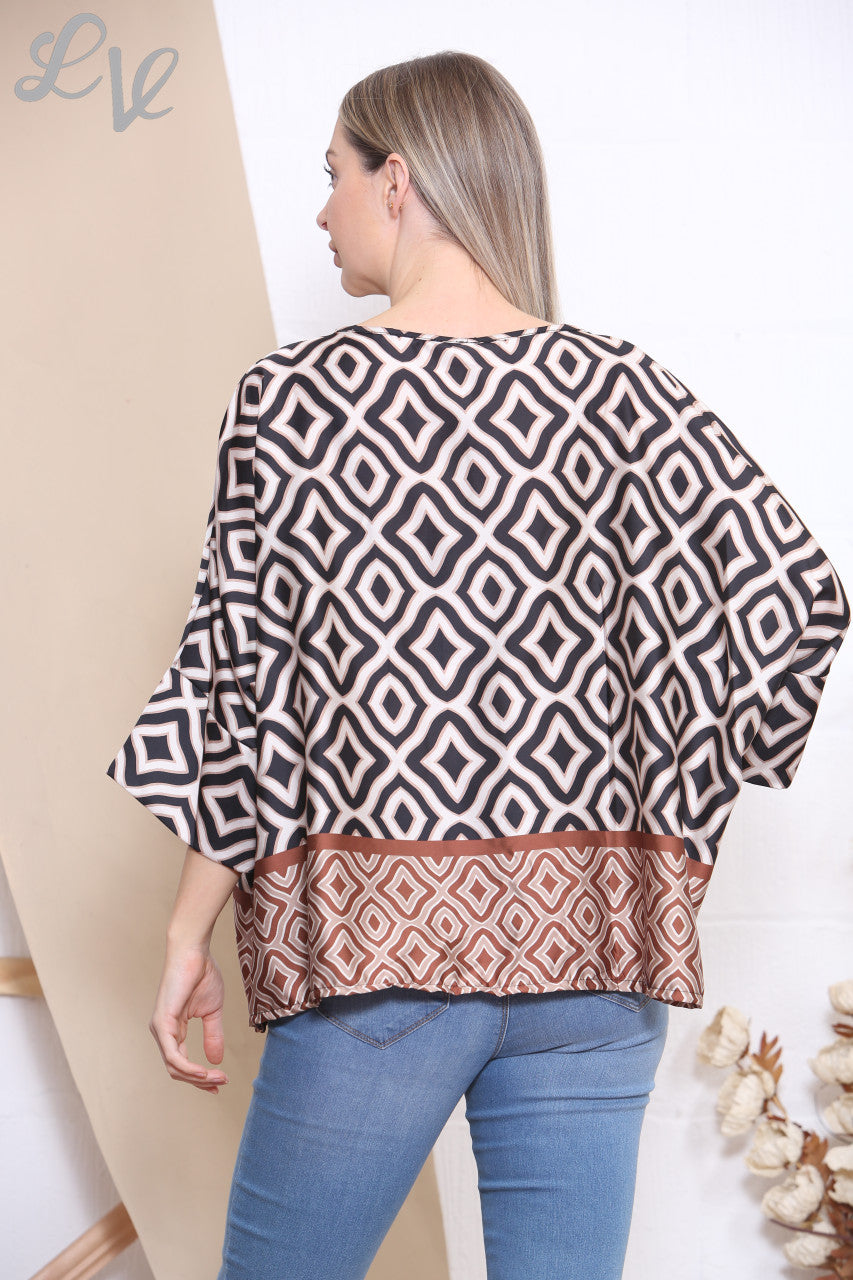 Ladies Geometric Print Batwing Blouse Top Stone