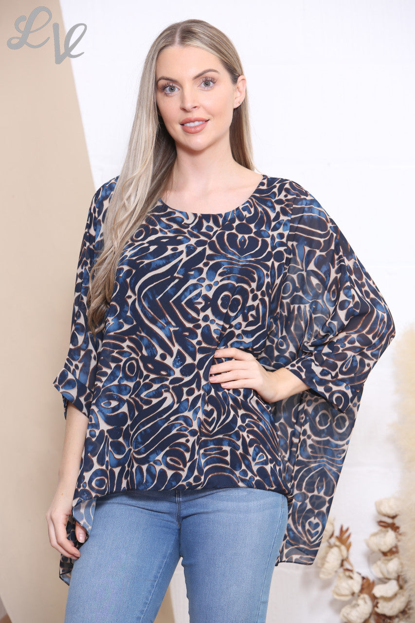 Ladies Mix Print Batwing Blouse Top Navy