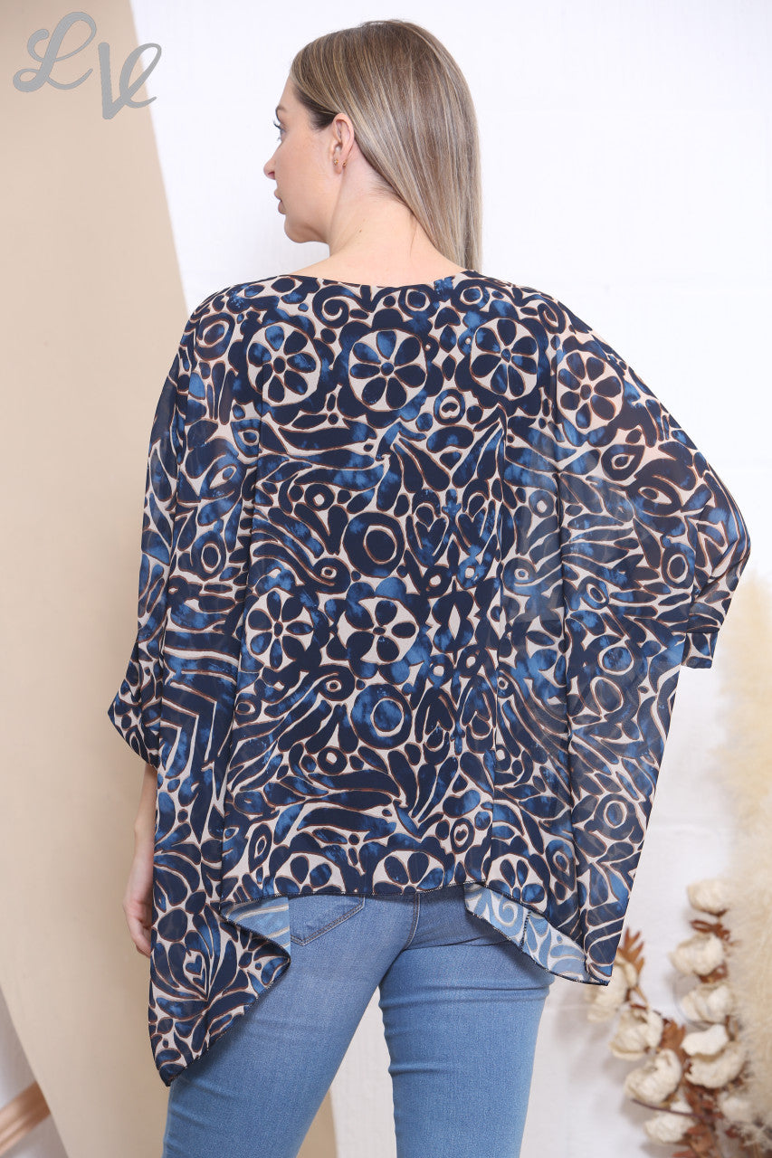 Ladies Mix Print Batwing Blouse Top Navy