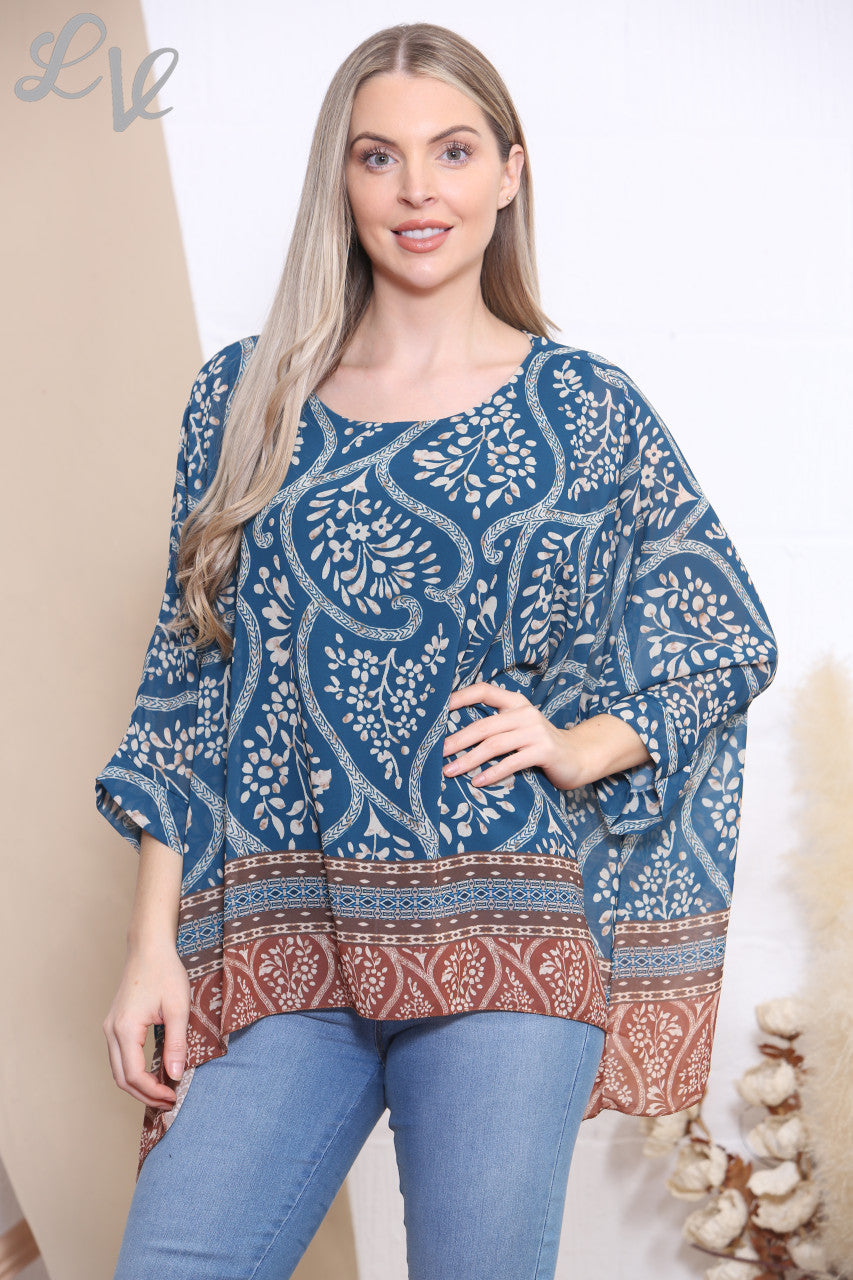 Dames Bloemen Paisley Print Vleermuismouw Blouse Top Groenblauw