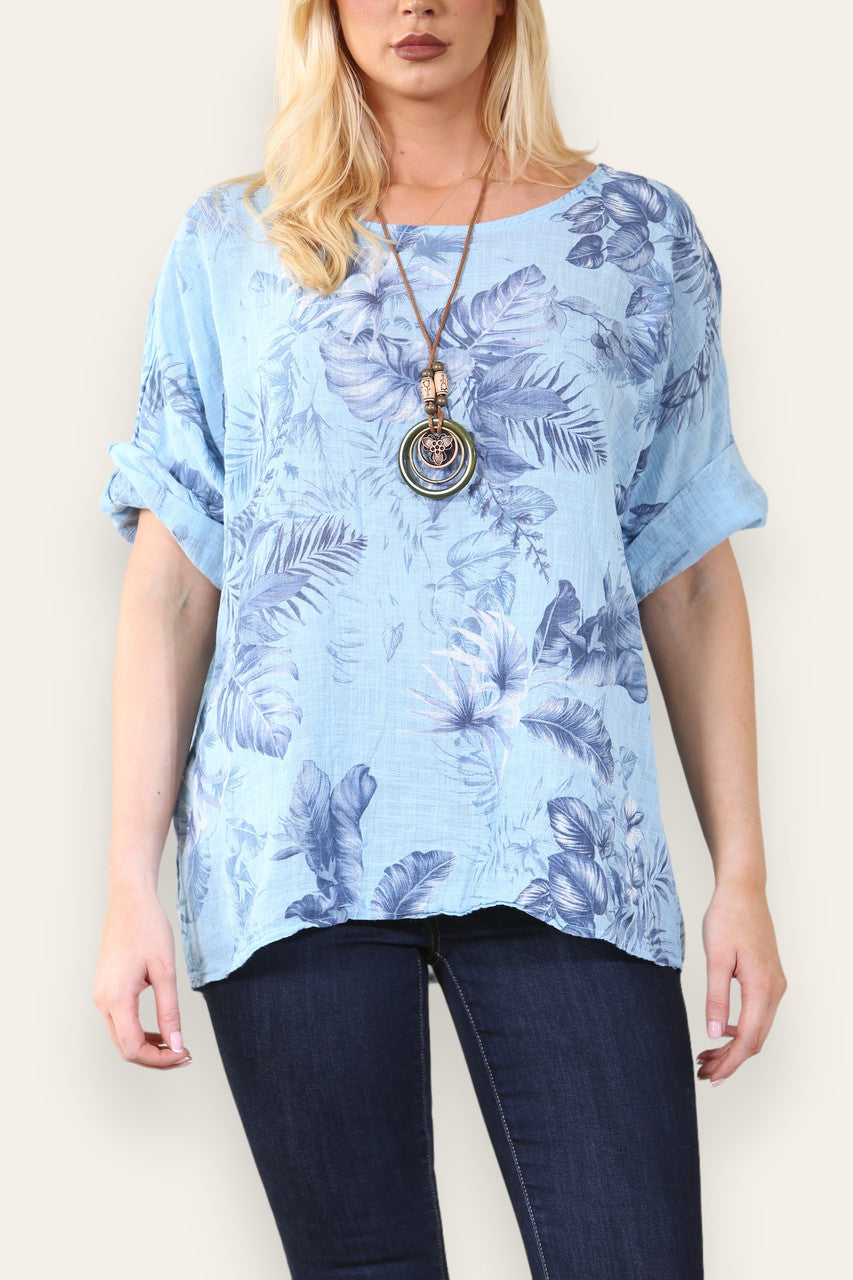 TOP MET BLADERPRINT - LICHTBLAUW