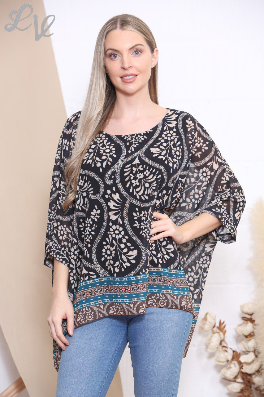 Ladies Floral Paisley Print Batwing Blouse Top Black