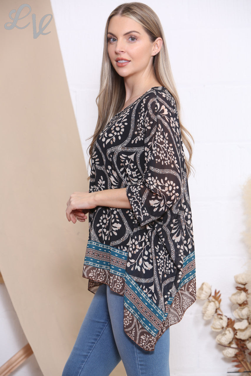 Ladies Floral Paisley Print Batwing Blouse Top Black
