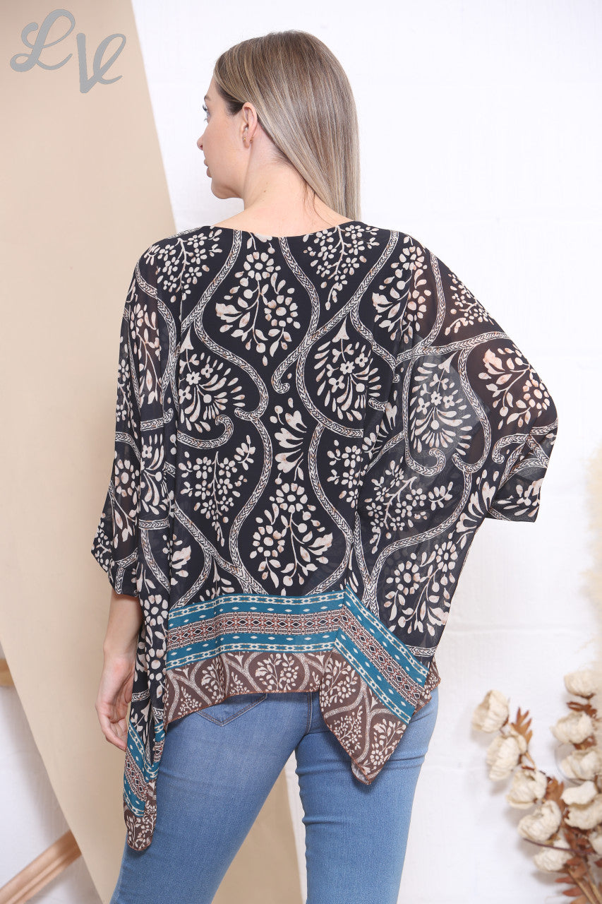 Ladies Floral Paisley Print Batwing Blouse Top Black