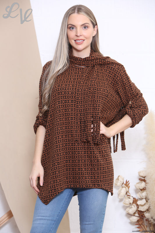 Dames gebreide top met print en sjaal, beige