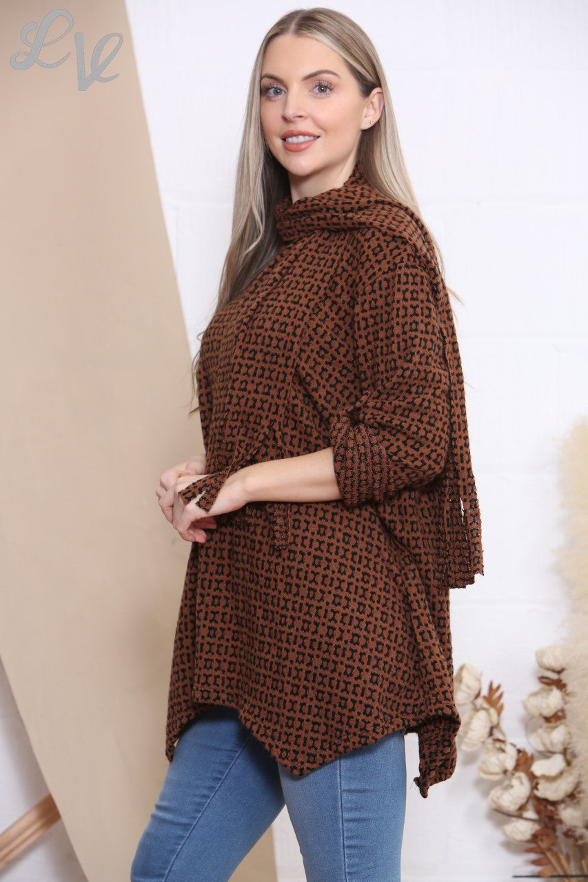 Ladies Knitted Print Jumper Top With Scarf Tan