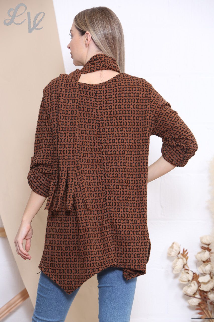 Ladies Knitted Print Jumper Top With Scarf Tan