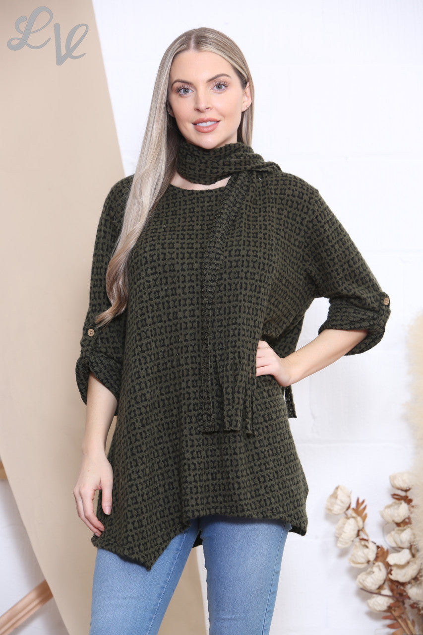 Ladies Knitted Print Jumper Top With Scarf Khaki