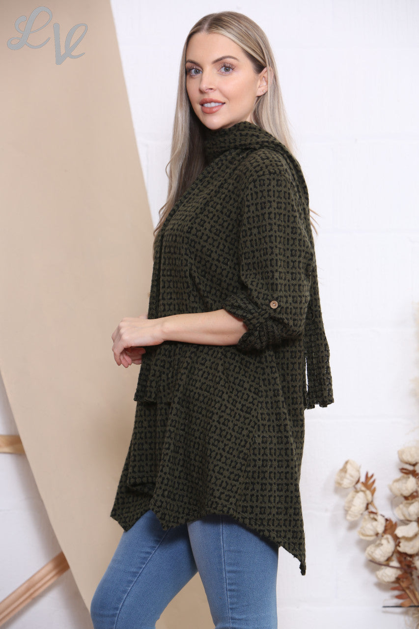 Ladies Knitted Print Jumper Top With Scarf Khaki