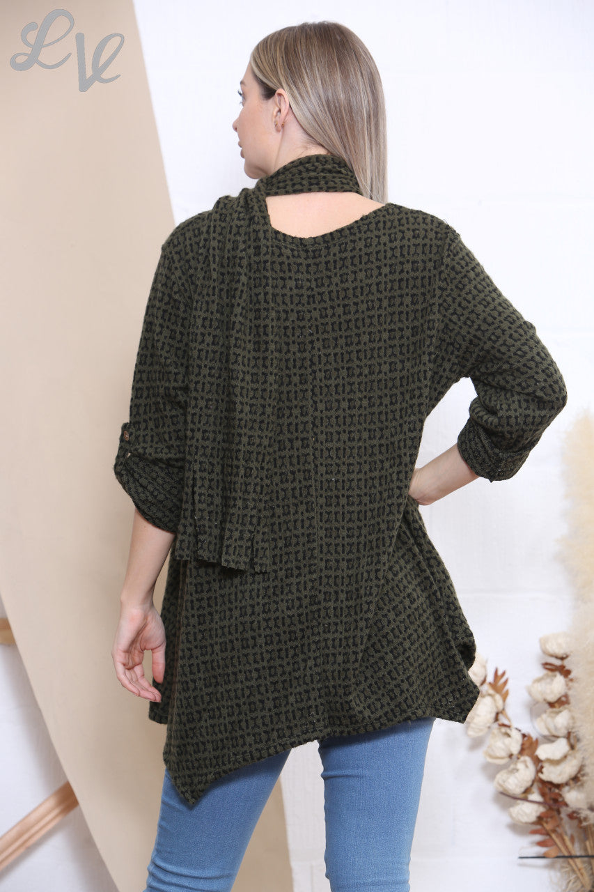 Ladies Knitted Print Jumper Top With Scarf Khaki