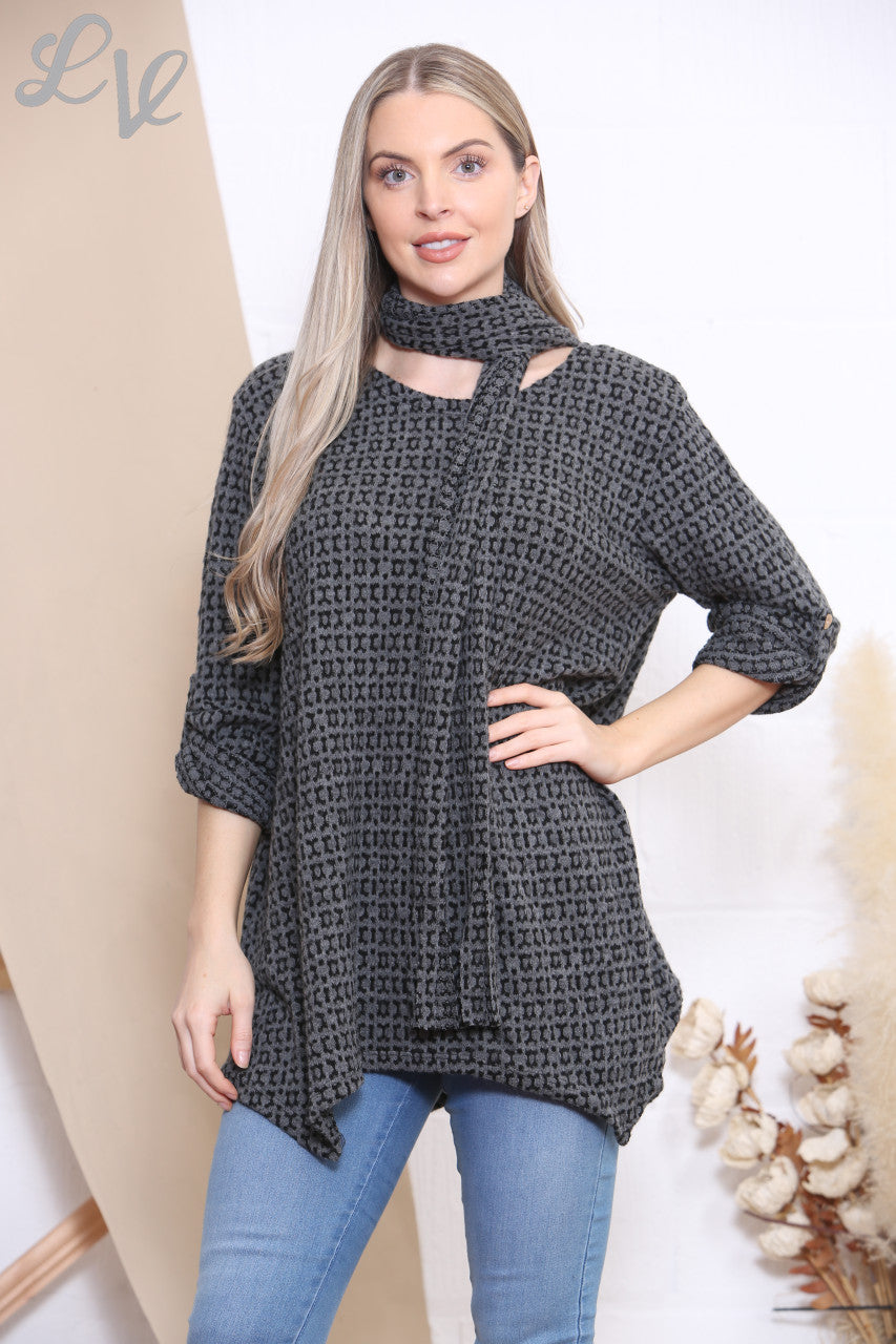 Ladies Knitted Print Jumper Top With Scarf Charcoal