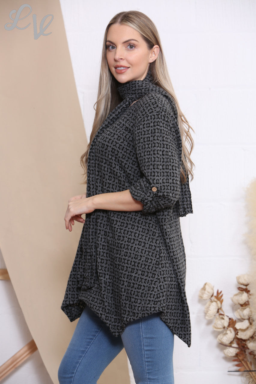 Ladies Knitted Print Jumper Top With Scarf Charcoal