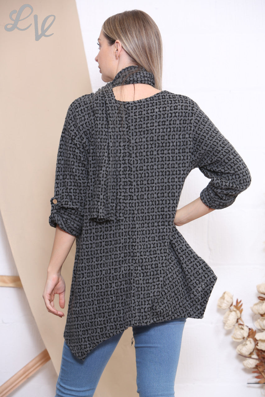 Ladies Knitted Print Jumper Top With Scarf Charcoal