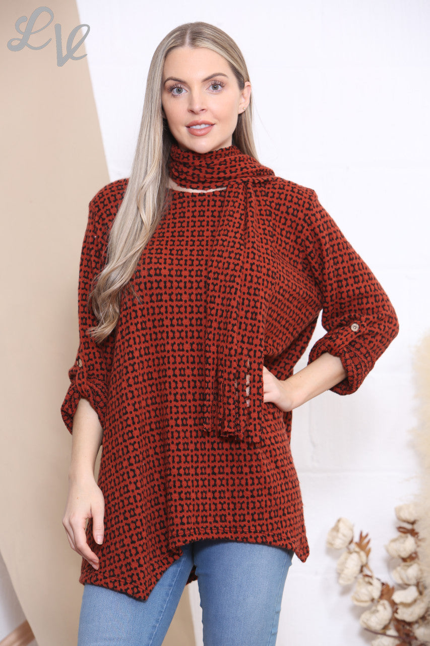 Dames Gebreide Top Met Print en Sjaal Roest