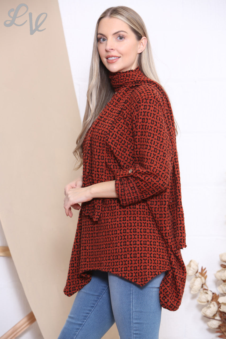 Dames Gebreide Top Met Print en Sjaal Roest