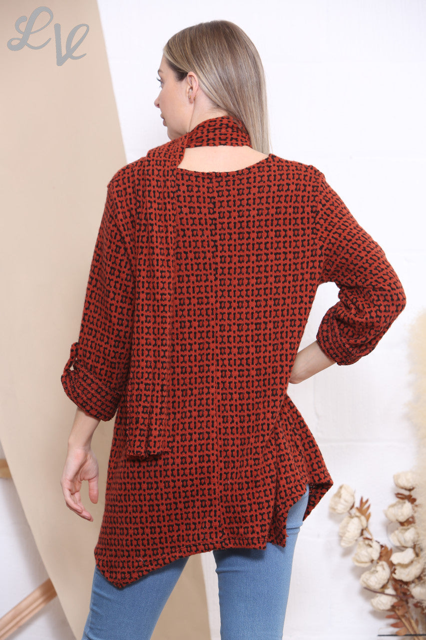 Dames Gebreide Top Met Print en Sjaal Roest