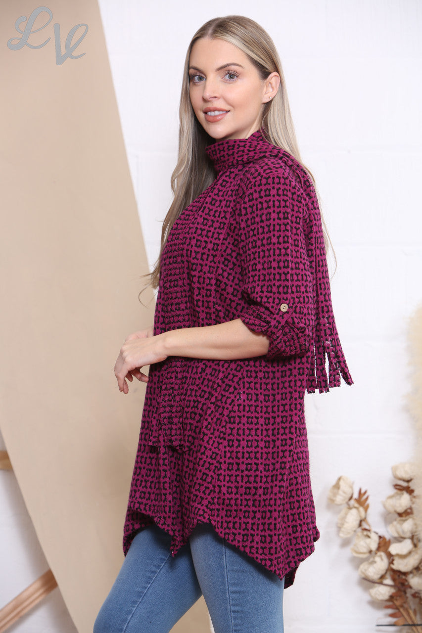 Ladies Knitted Print Jumper Top With Scarf Cerise