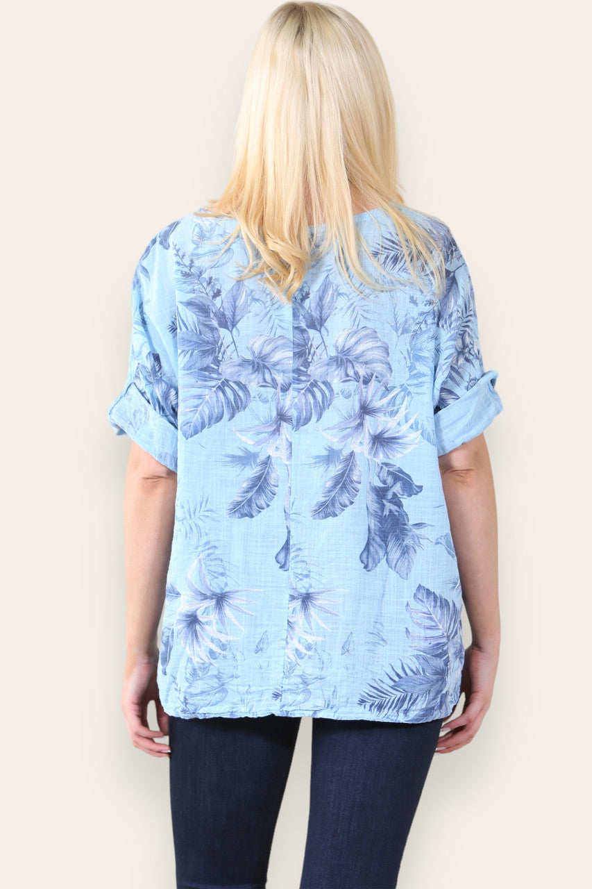 TOP MET BLADERPRINT - LICHTBLAUW