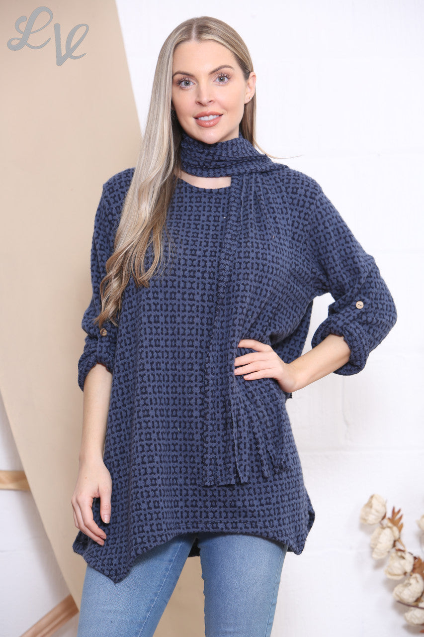 Ladies Knitted Print Jumper Top With Scarf Denim