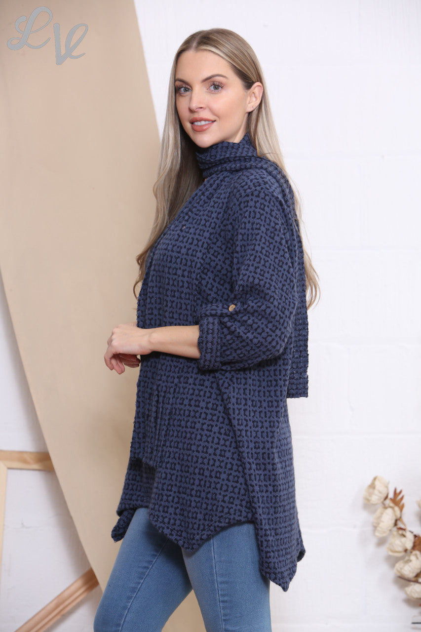 Ladies Knitted Print Jumper Top With Scarf Denim