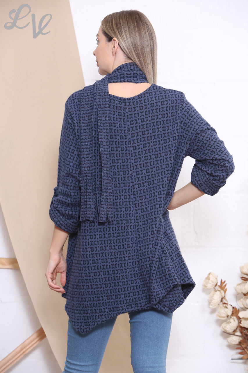 Ladies Knitted Print Jumper Top With Scarf Denim