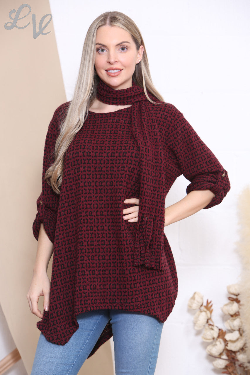 Ladies Knitted Print Jumper Top With Scarf Burgundy