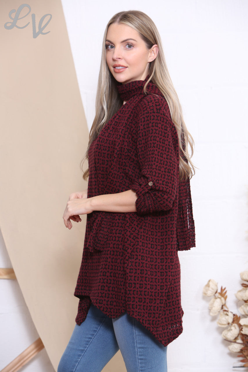 Ladies Knitted Print Jumper Top With Scarf Burgundy
